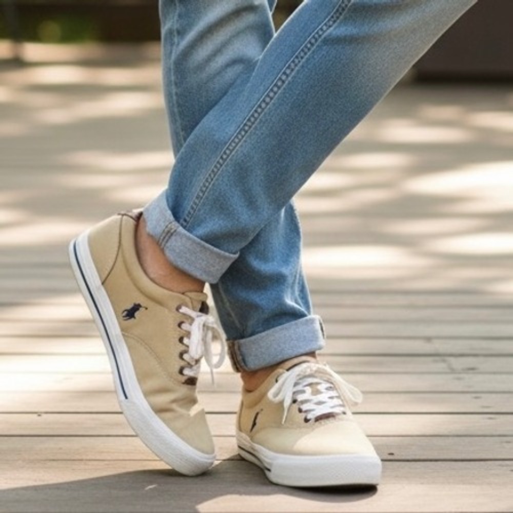 Polo Ralph Lauren Vaughn Sneaker Men 11 Solid‎ Canvas Leather Lace Up Khaki Tan